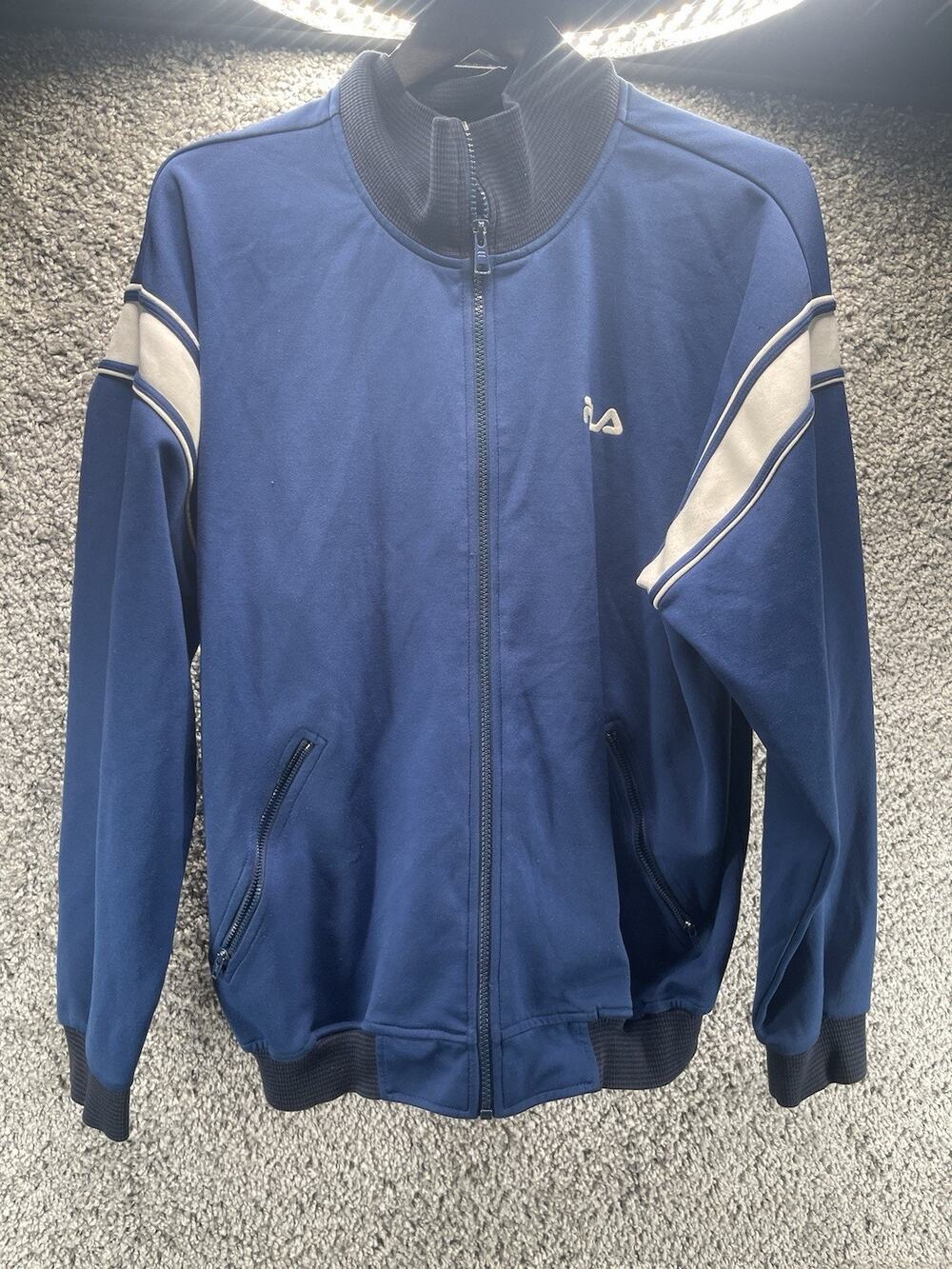 Vintage 90s Men’s FILA Zip Sweater Size Medium Navy Athletic Track Jacket